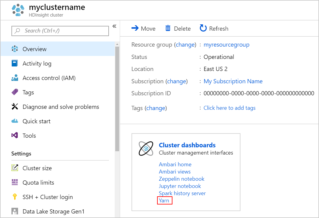 Azure portal launch YARN UI.