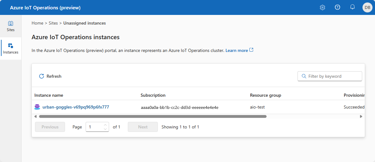 Azure IoT 操作实例列表的屏幕截图。