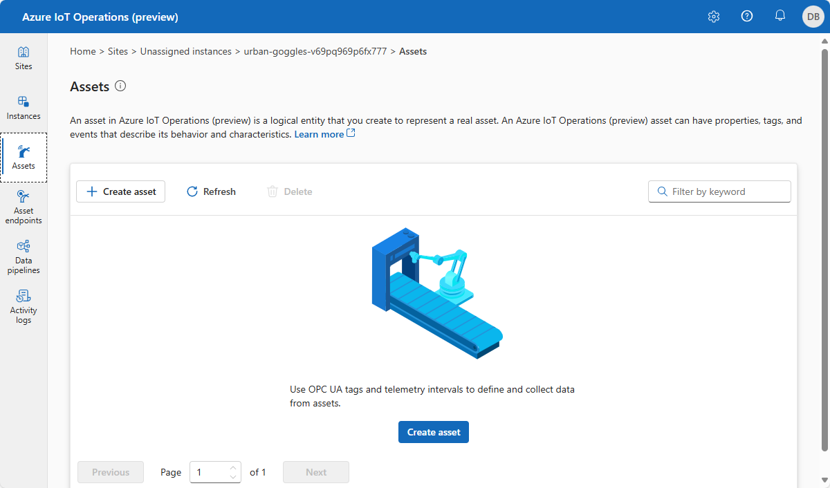 Azure IoT 操作空资产列表的屏幕截图。