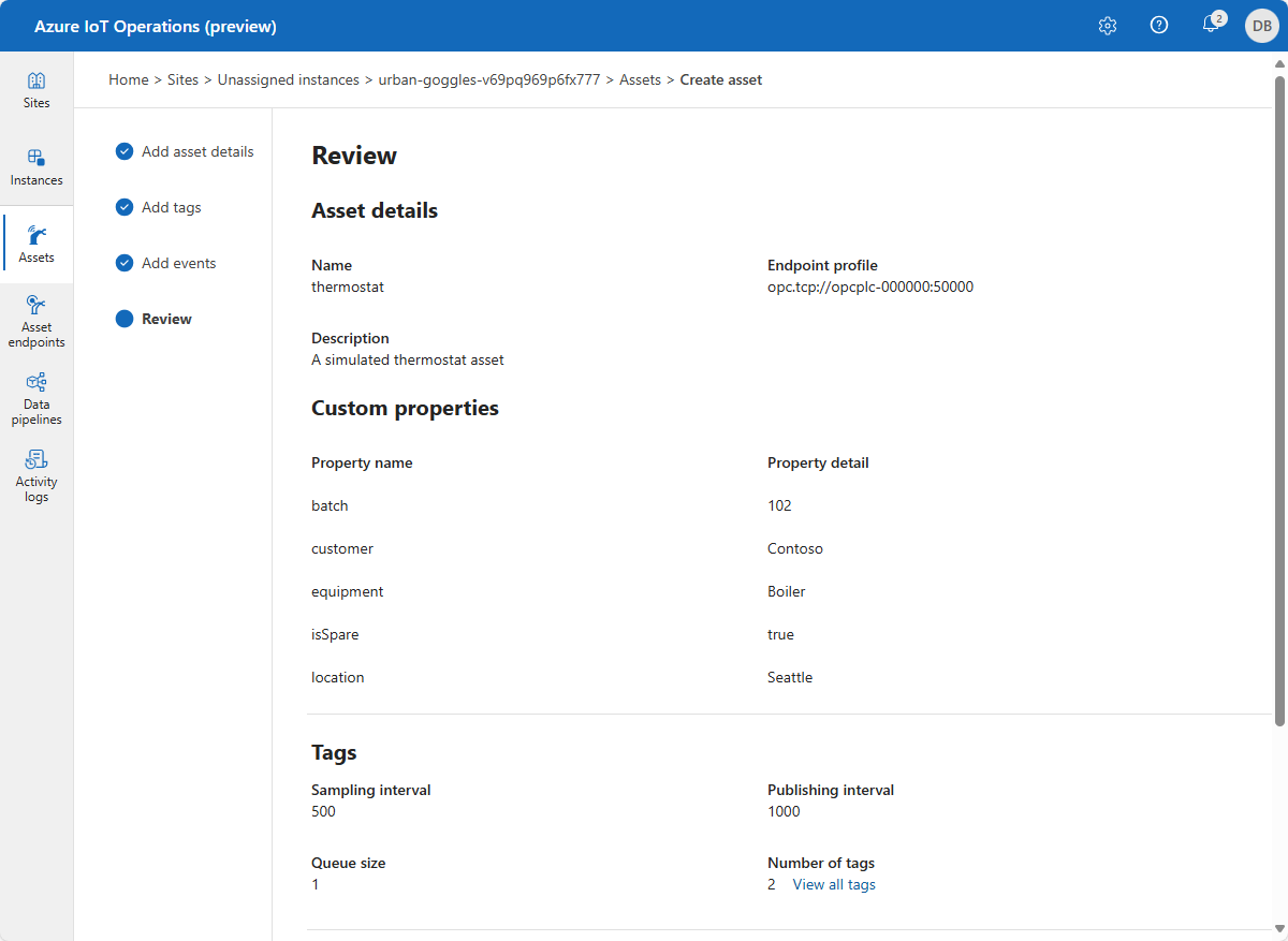 Azure IoT 操作创建资产评审页的屏幕截图。