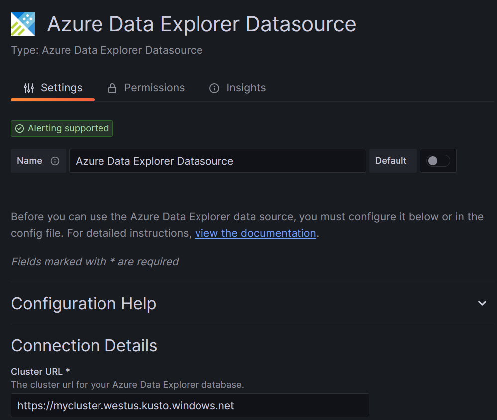 Grafana 平台的屏幕截图，其中显示了 Azure 数据资源管理器的基本配置设置。