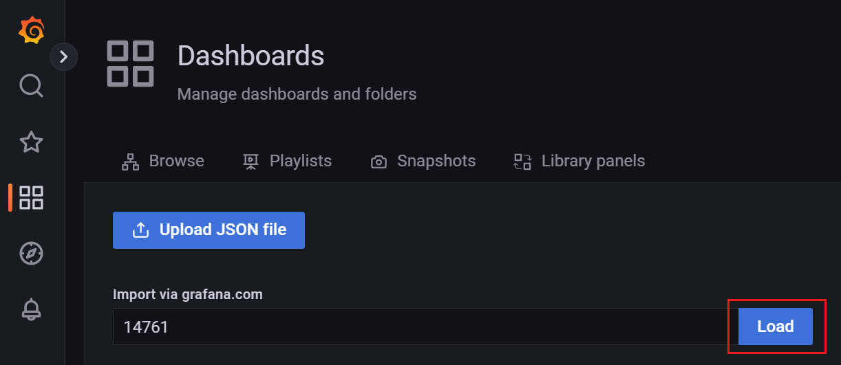 Grafana 实例的屏幕截图。加载要导入的仪表板。