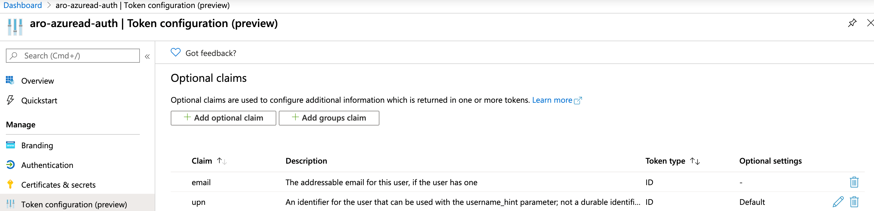 Screenshot that shows the email and upn claims that were added.