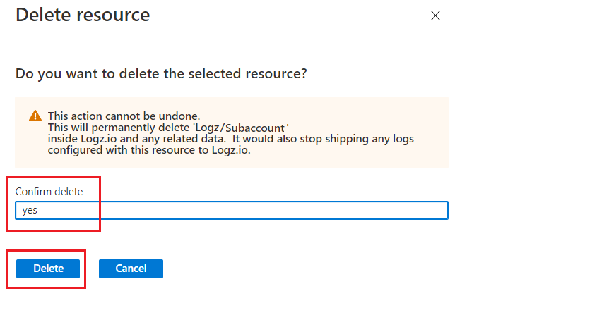 确认删除 Logz.io 子帐户。