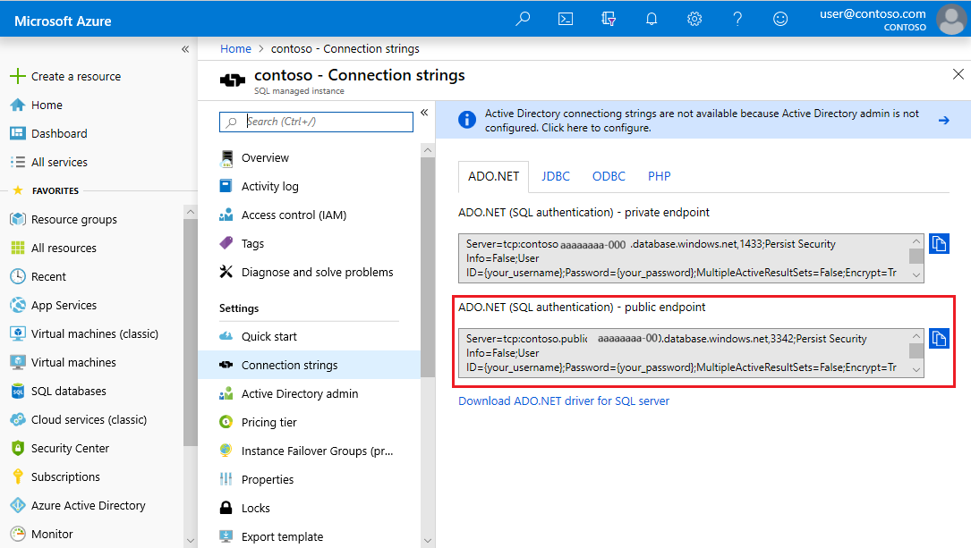 Public endpoint connection string