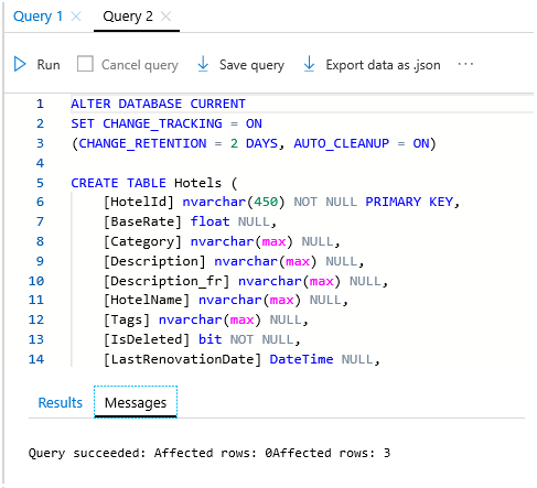 屏幕截图显示查询编辑器窗口中的 SQL 脚本。