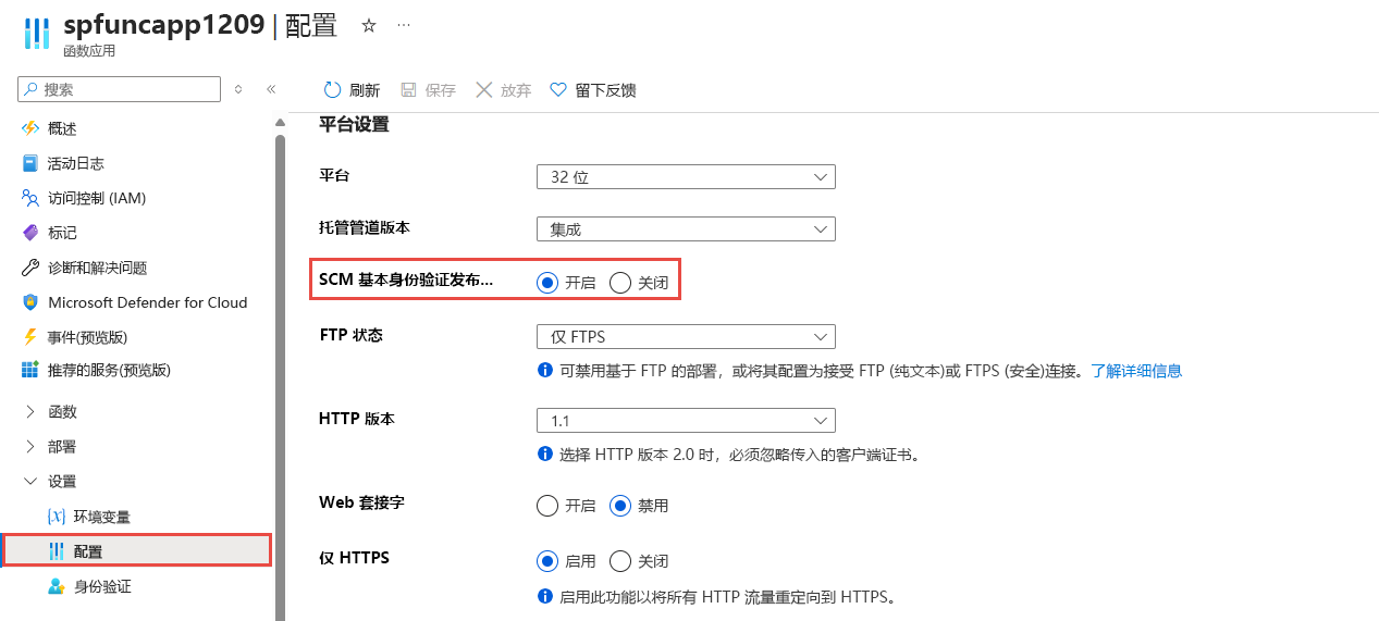 显示已启用“SCM 基本身份验证发布”选项的屏幕截图。