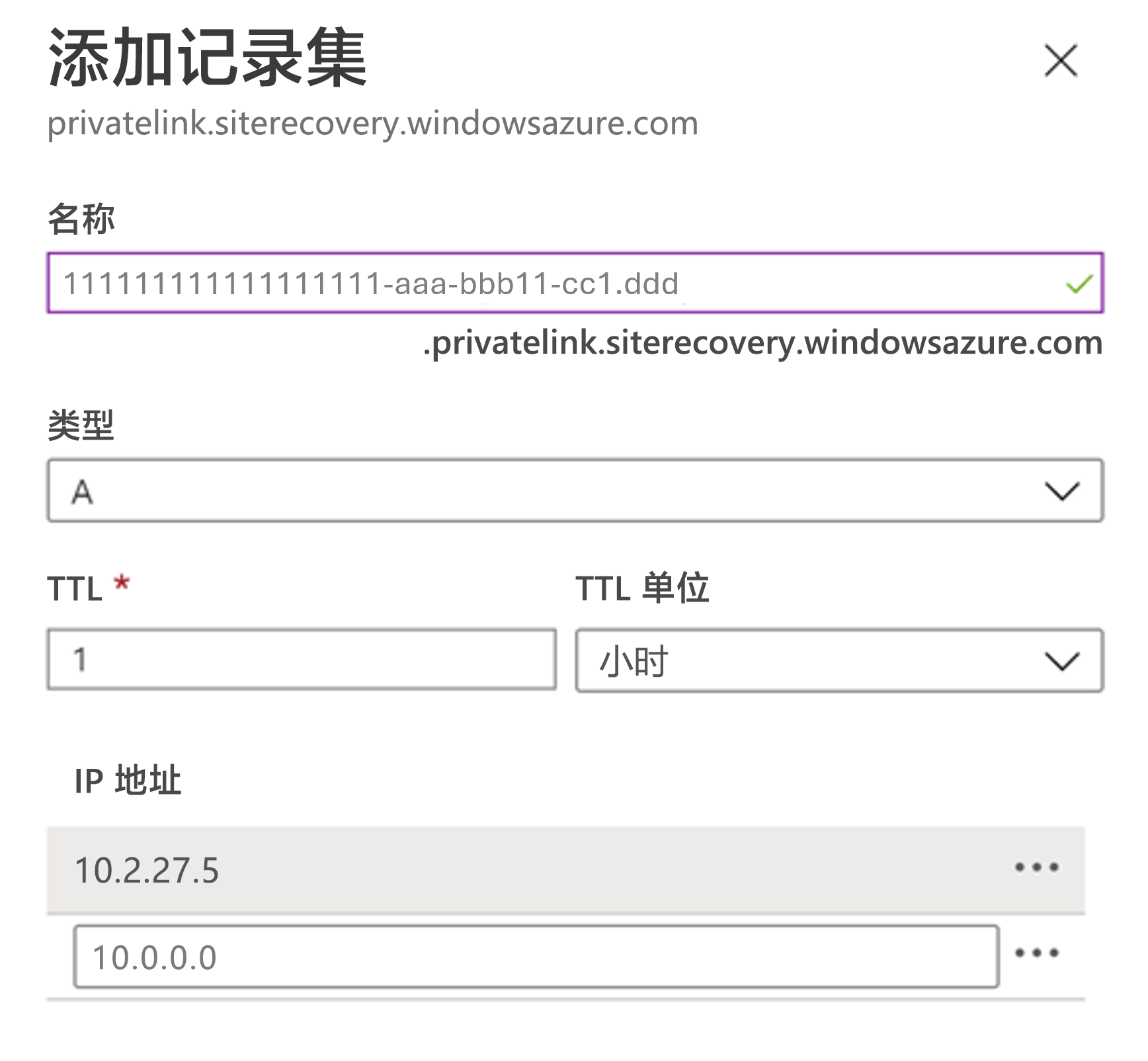 显示的页面用于将完全限定的域名的 DNS A 类型记录添加到 Azure 门户中的专用终结点。