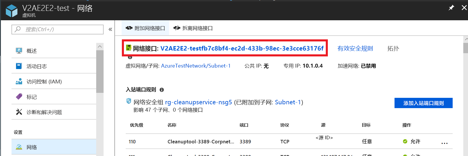 屏幕截图显示了已选择网络接口名称的虚拟机的“网络”页。