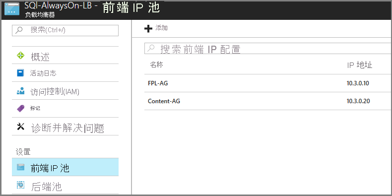标题为“SQL-AlwaysOn-LB - 前端 IP 池”的窗口屏幕截图