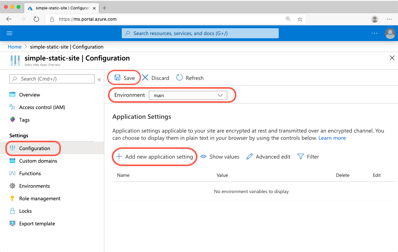 Azure Static Web Apps 环境变量视图的屏幕截图