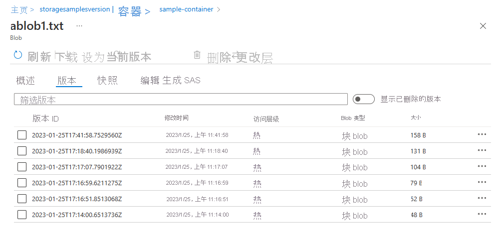 屏幕截图显示了如何在 Azure 门户中列出 blob 版本