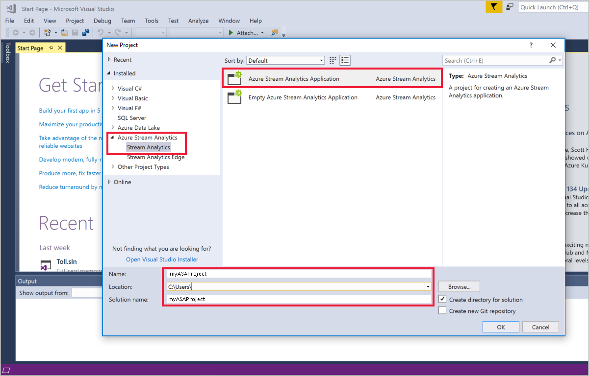 The Stream Analytics template is selected, Azure Stream Analytics Application is selected, and the Name, Location, and Solution names boxes are highlighted.