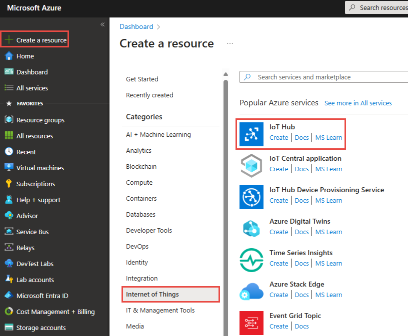 Screenshot showing the IoT Hub menu on the Create a resource page.