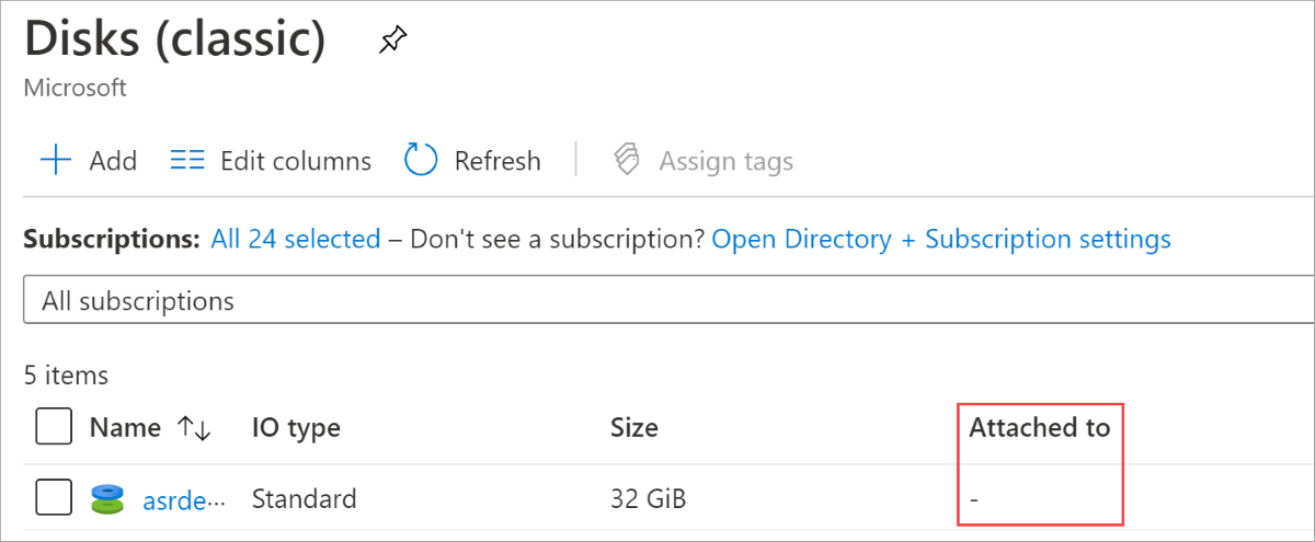 非托管磁盘边栏选项卡的屏幕截图。在此边栏选项卡中，“附加到”列中包含“-”的磁盘是未附加的磁盘。