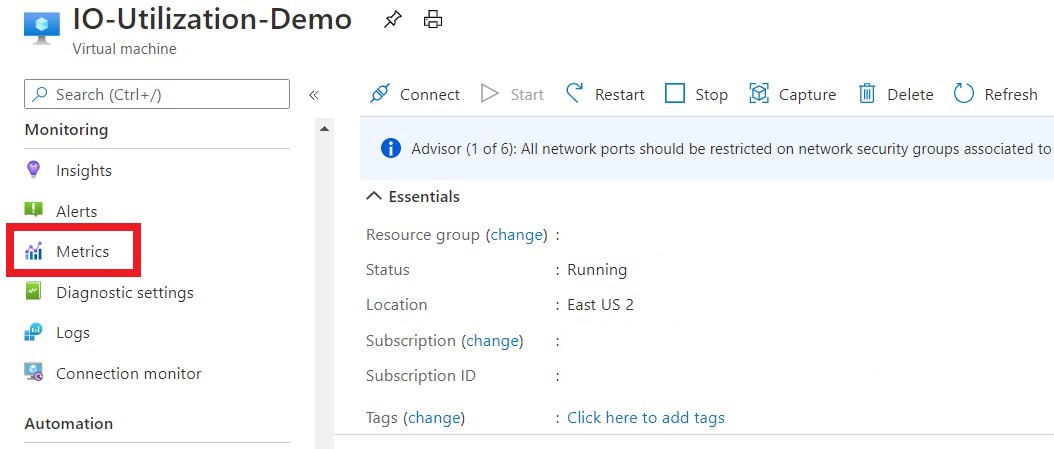 Screenshot showing Metrics highlighted on the left pane.