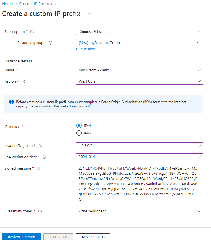 Azure 门户中“创建自定义 IP 前缀”页的屏幕截图。