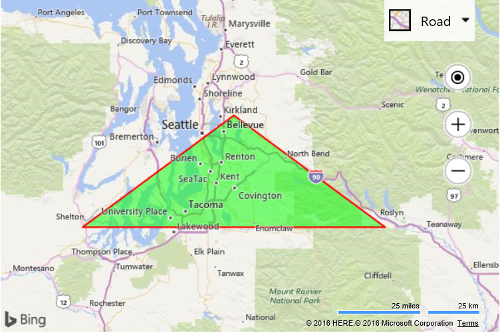 Screenshot of a Bing map showing a green triangle that is highlighted in red in the center of the map.