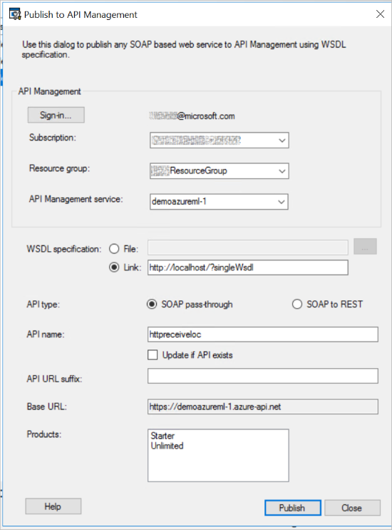 “发布到 API”窗口