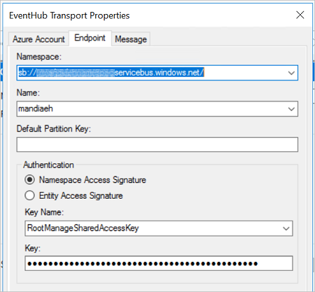 事件中心适配器中的示例命名空间、名称、分区键和身份验证属性将端口终结点属性发送到 BizTalk Server