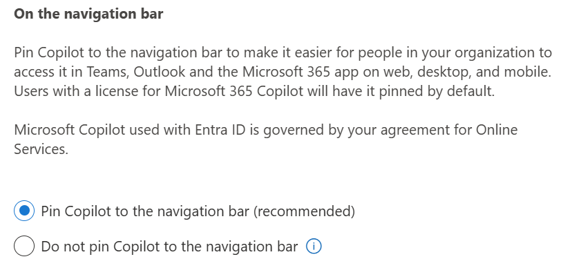 显示将 Copilot 固定到导航栏的选项的屏幕截图。