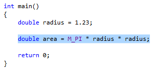 显示以下代码的屏幕截图，其中突出显示了要提取的预备内容：double area = M_PI * readious * radious;。