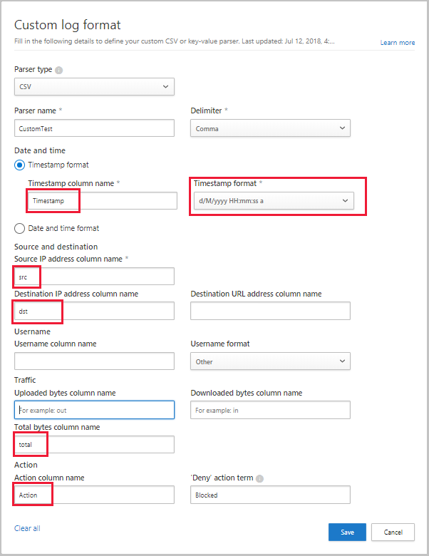 Screenshot of the Custom log format dialog, with populated values.