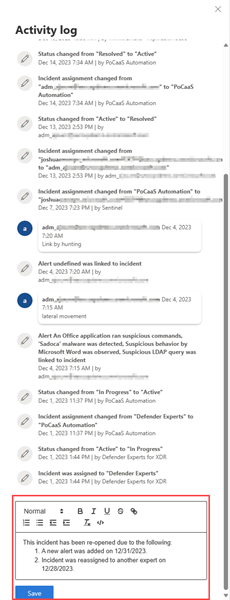 突出显示Microsoft Defender门户中事件页中的注释框的屏幕截图。