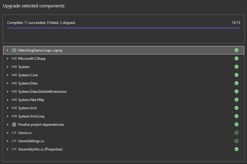 The .NET Upgrade Assistant's upgrade results tab, showing two out of the 13 items were skipped.