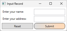 A screenshot of a WPF app with two text boxes labeled name and address. Two buttons are visible. One button is named 'Reset' and the other 'Submit.' The 'Submit' button has rounded corners and a peach color applied to it.