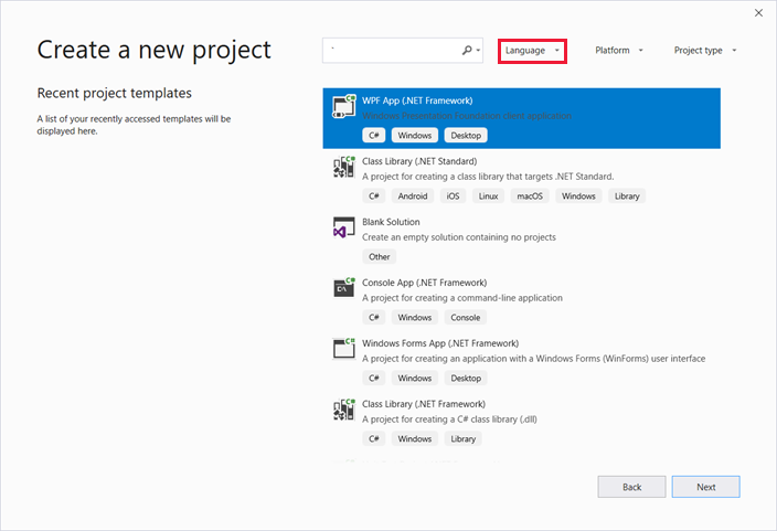 Create a new project dialog