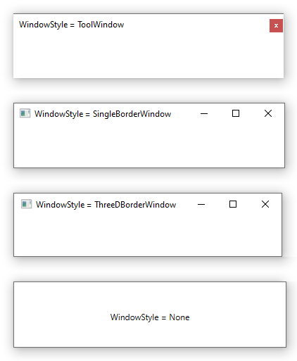 此屏幕截图显示了 WindowStyle 如何影响 WPF 中的窗口。