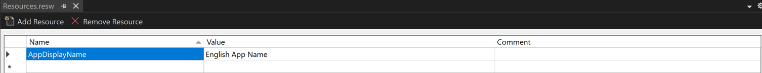 Windows 上的 Visual Studio 中 resw 文件编辑器的屏幕截图。