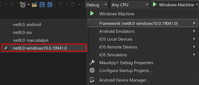 为 .NET MAUI 选择 Windows 计算机调试目标。