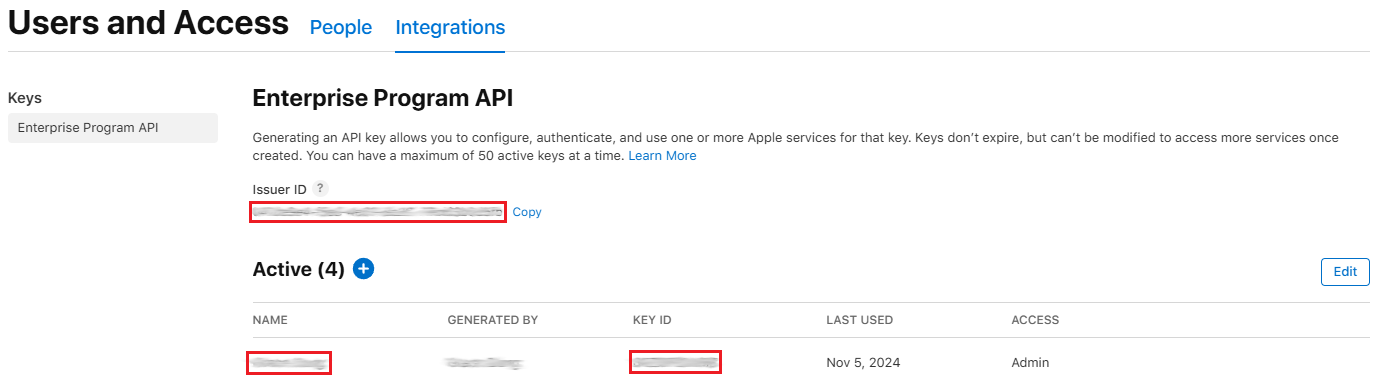 Apple Enterprise 计划 API 详细信息的屏幕截图。