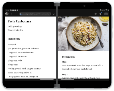 Screenshot shows a recipe dual-screen sample.