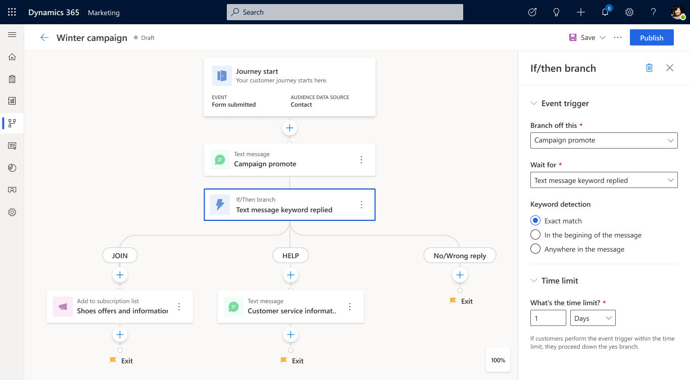 Branch your journey based on the SMS keyword response.