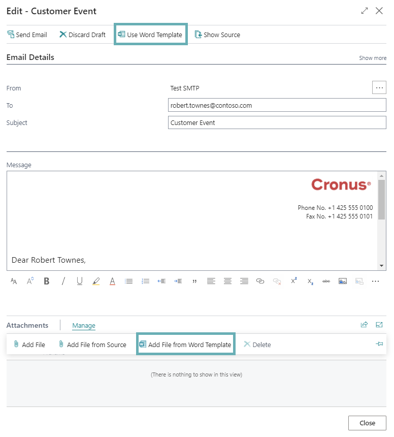 Options for using content from a Word template in an email