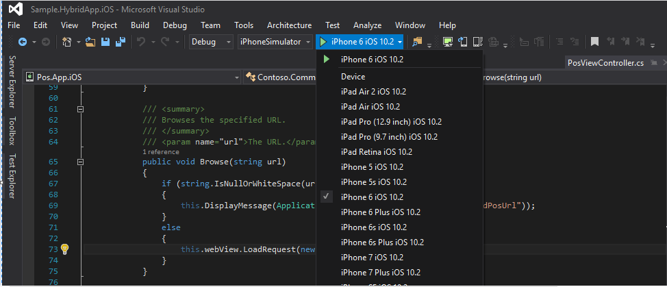 用于部署的 POS iOS 应用 Visual Studio 设置