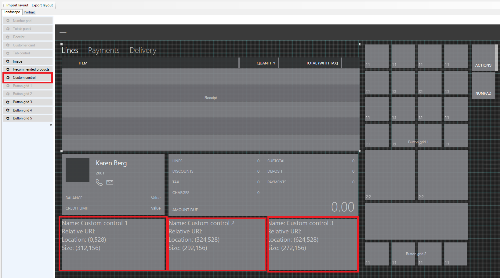 POS screen layout designer in Cart view.