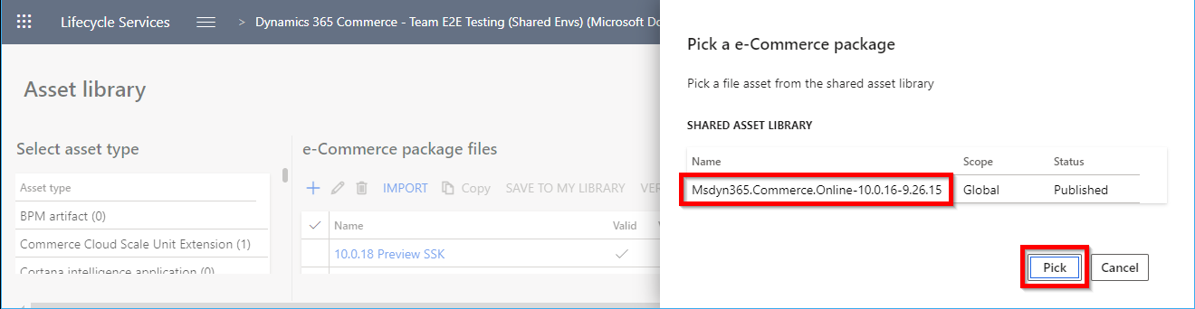Pick an e-Commerce package dialog box with the package name and Pick button highlighted.