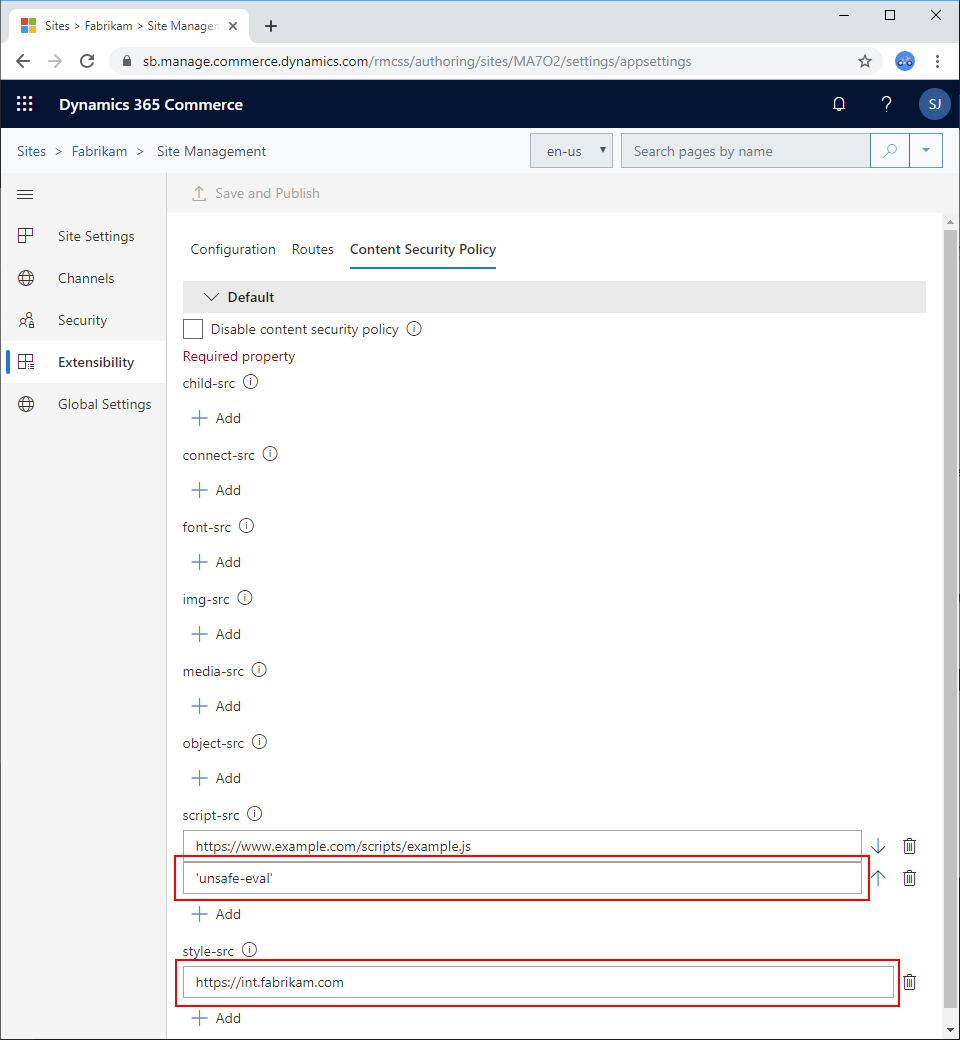 Fixed settings on the Content Security Policy tab.