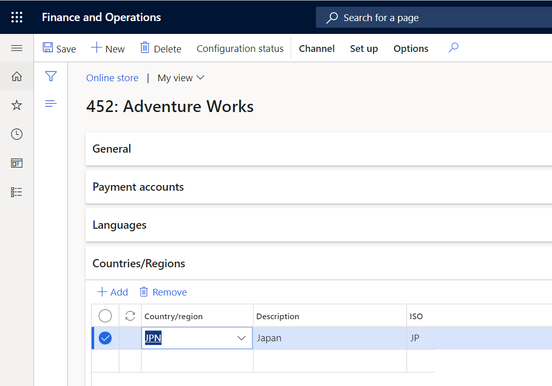 Example that shows countries and regions being mapped to an online store in Commerce headquarters.