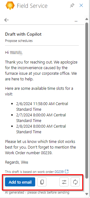 Outlook 中 Field Service 窗格的屏幕截图，显示突出显示“操作”按钮的草稿电子邮件。