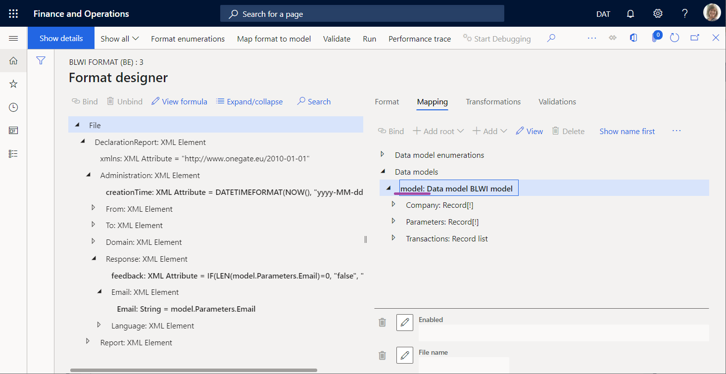 ER format designer showing the list of data sources of the 'BLWI format (BE)' configuration that includes the 'model' data source.