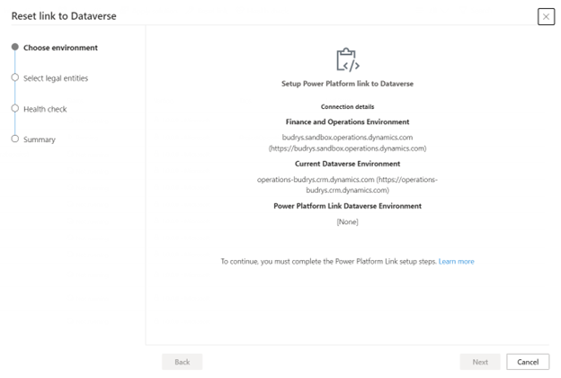 Choose environment page in the Reset link to Dataverse wizard for scenario 3, informing you that you must set up a Power Platform link to Dataverse.