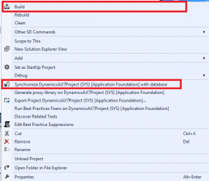 Menu options to build and synchronize.