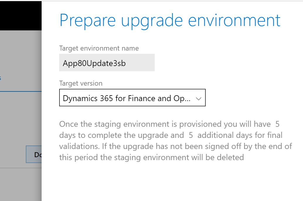 Prepare upgrade environment dialog box