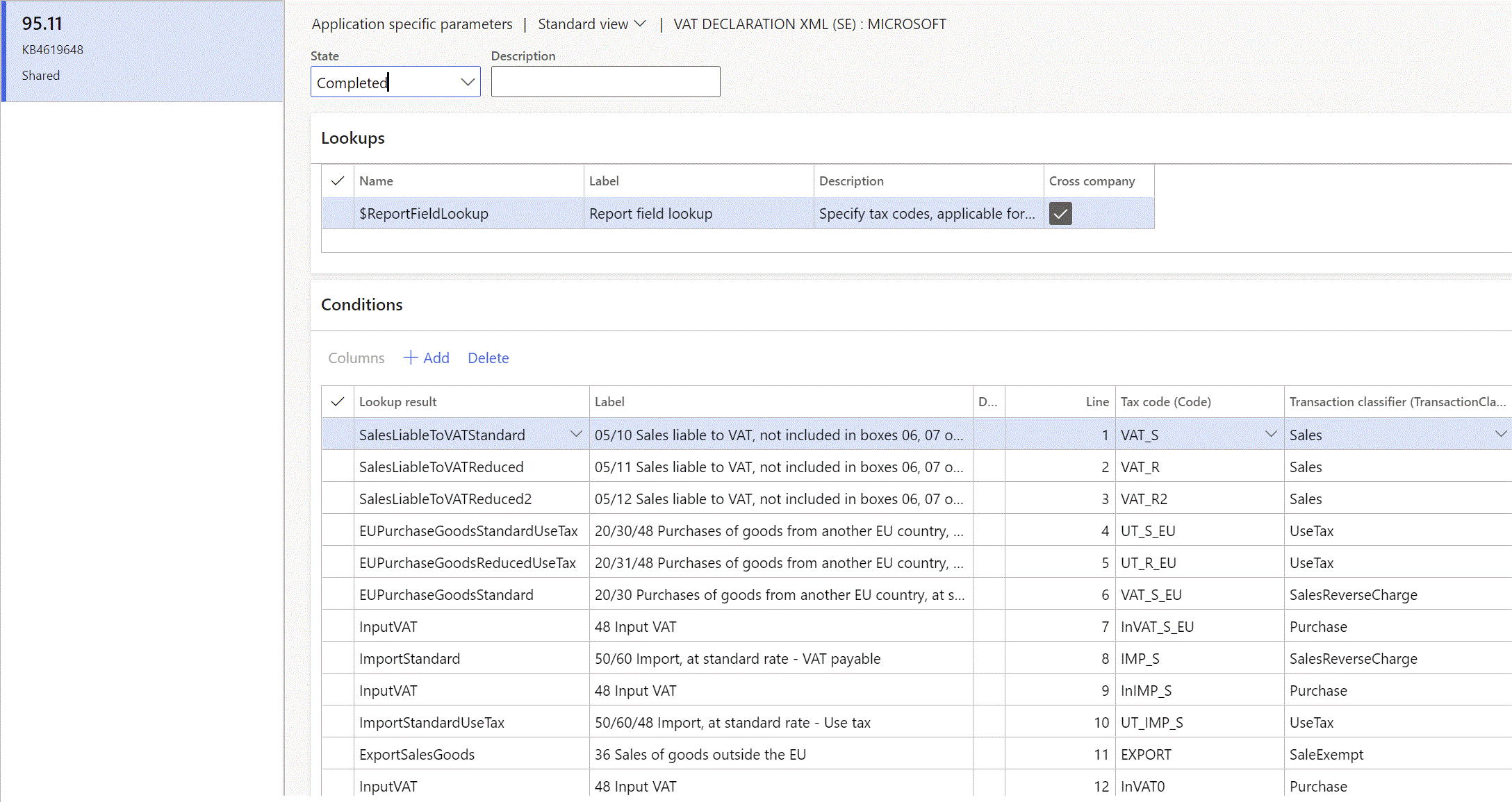 Application specific parameters page.