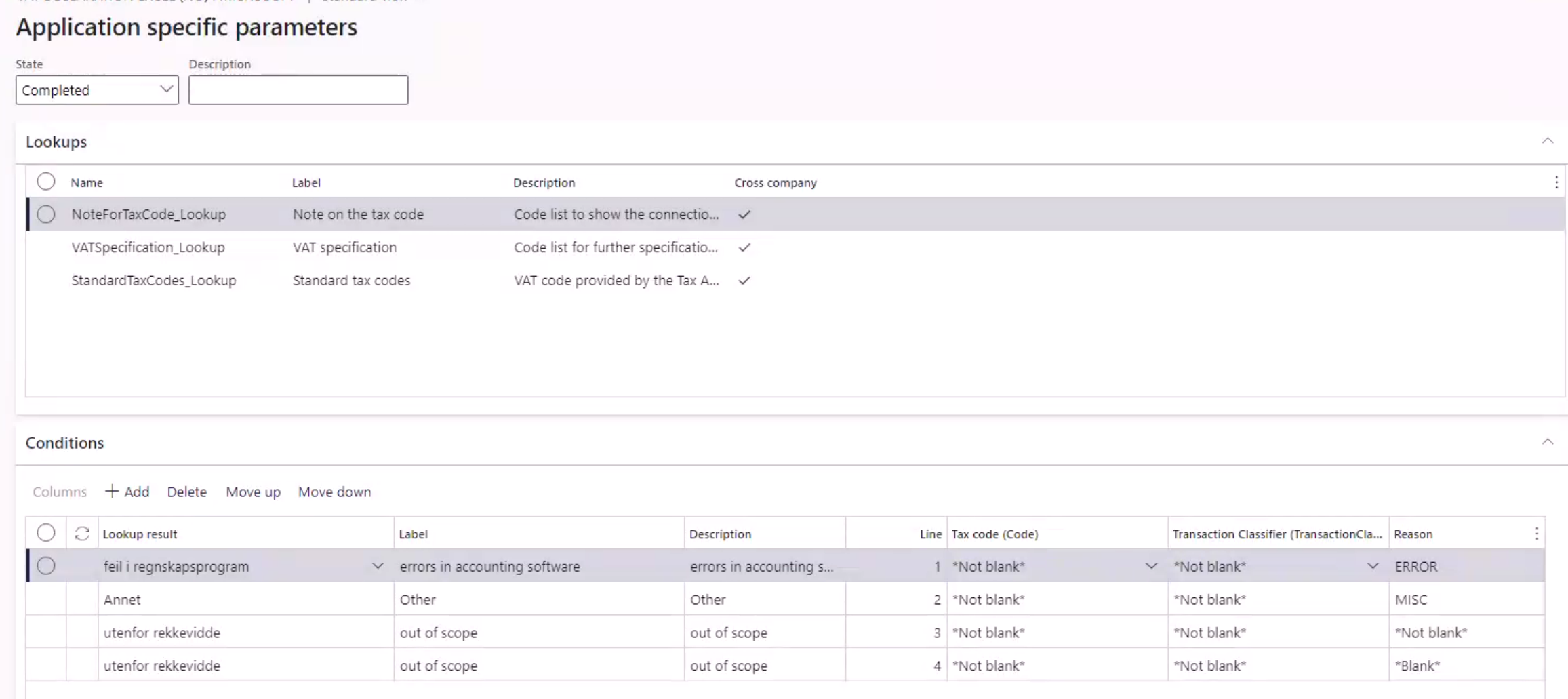 Setup of an "out of scope" value of NoteForTaxCode_Lookup.